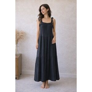 Wonderly Black Crinkle Gauze Cotton Tiered Midi Dress LP Boho Minimalist Cottage